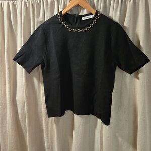 Zara Black Short Sleeve Knit Top with Chain Detail
